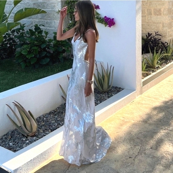 Zara Metallic Foil Slip Dress Maxi Size L - Picture 1 of 16